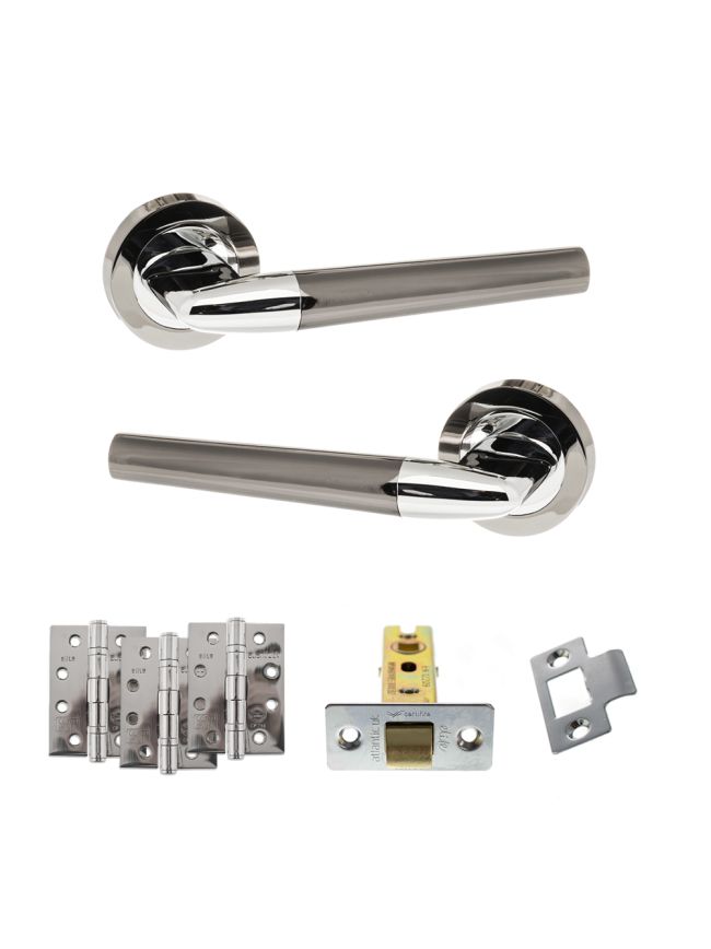 STATUS Tennessee Door Handle Pack (Latch Set - 2.5" CE Latch, 4" Fire Rated Hinges x3) - Black Nickel/Polished Chrome