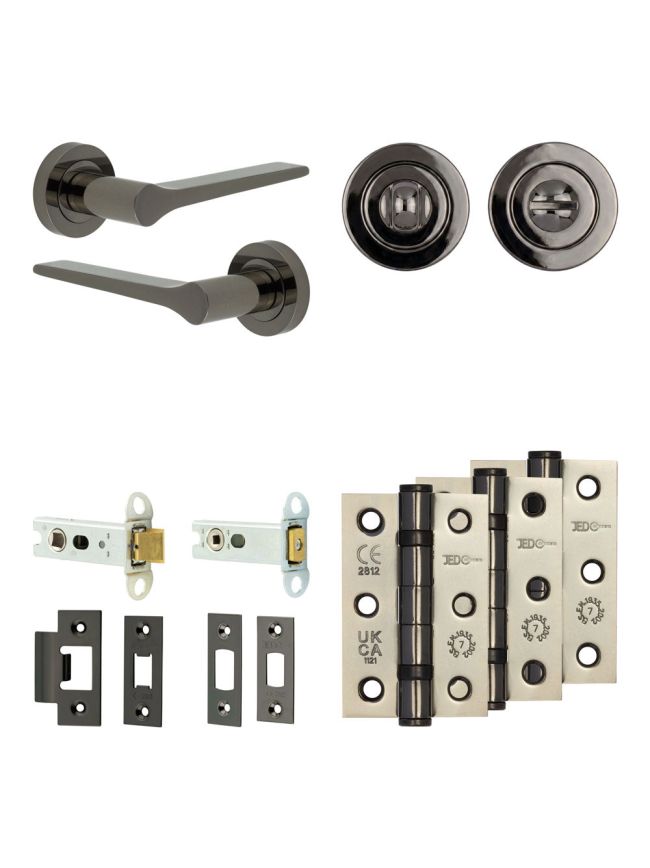 Complete Gio Door Handle Pack - Heavy Duty Tubular Bathroom (Standard Thumb Turn) - Black Nickel - 76mm / 3-inch Hinges - JE-E31B3-BN