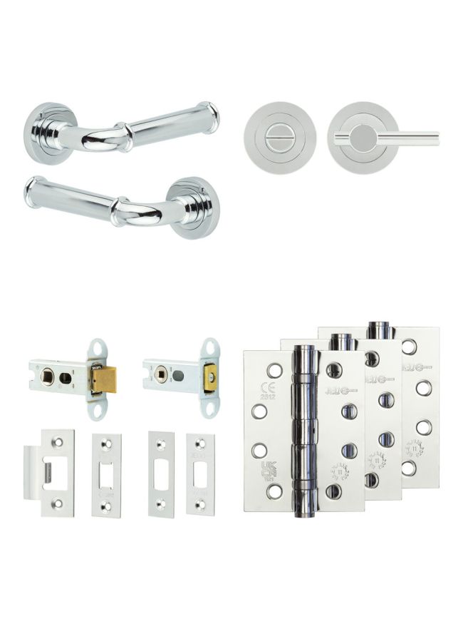 Complete Classic Door Handle Pack - Heavy Duty Tubular Bathroom (Plain Thumb Turn) - Polished Chrome - 64mm / 4-inch Hinges - JE-A30A2-PC