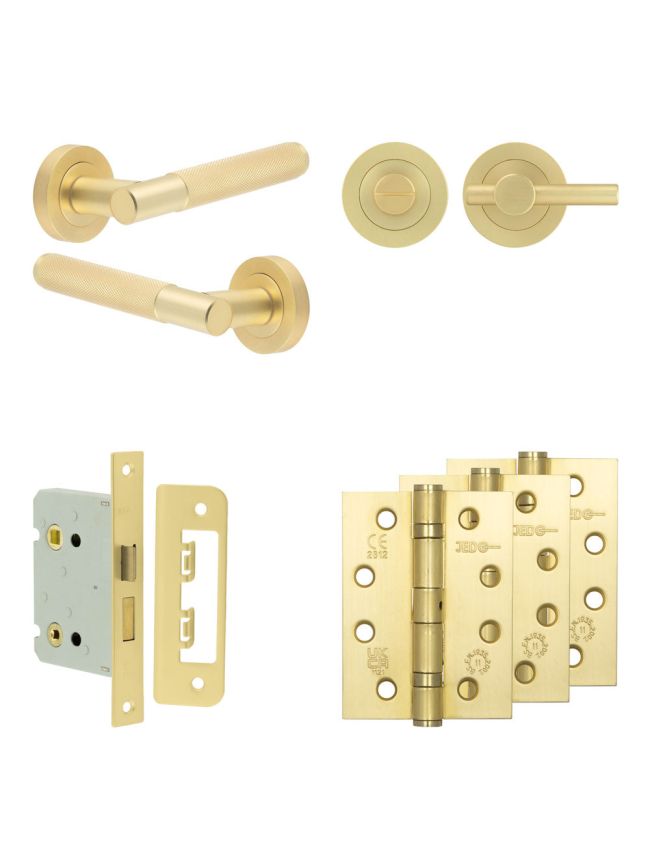 Complete Bari Door Handle Pack - Bathroom Lock (Plain Thumb Turn) - Satin Brass - 76mm / 4-inch Hinges - JE-D6A2-SB