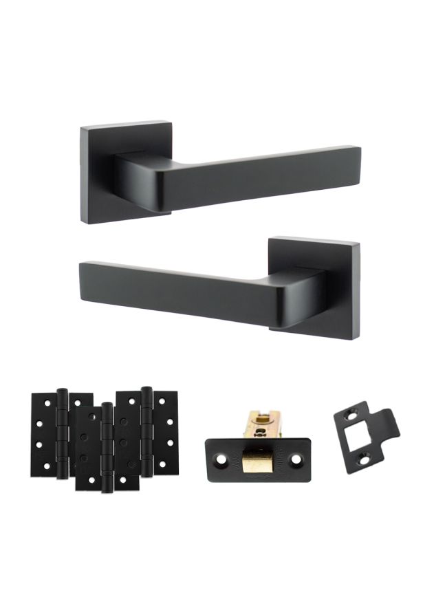 STATUS Montana Door Handle Pack (Latch Set - 2.5" CE Latch, 4" Fire Rated Hinges x3) - Matt Black