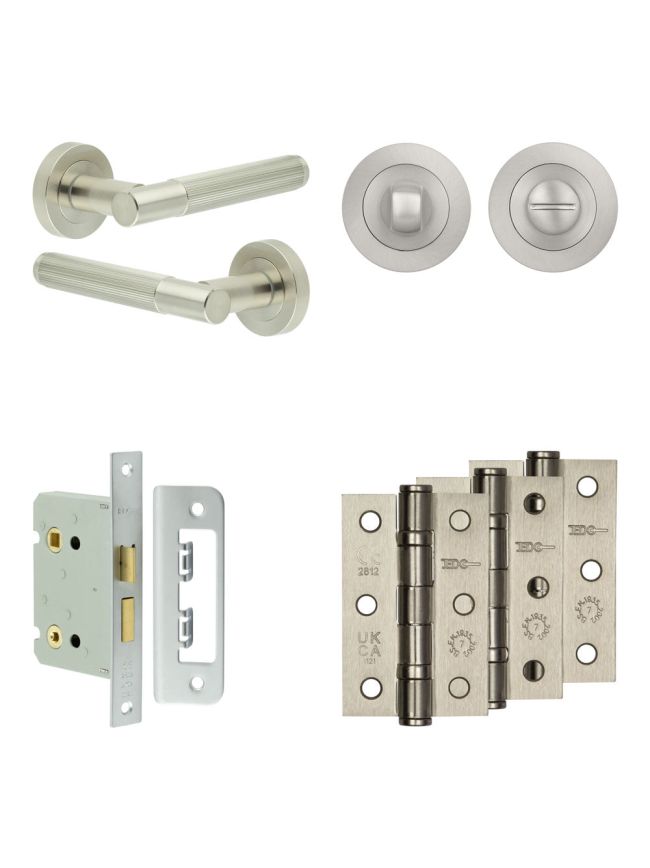 Complete Venice Door Handle Pack - Bathroom Lock (Standard Thumb Turn) - Satin Nickel - 76mm / 3-inch Hinges - JE-F6B3-SN