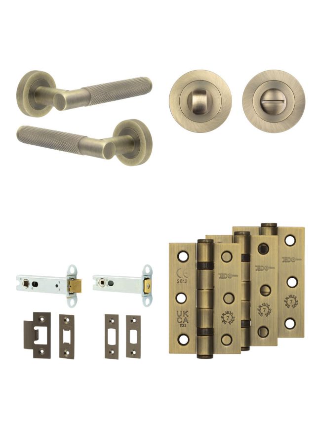 Complete Bari Door Handle Pack - Heavy Duty Tubular Bathroom (Standard Thumb Turn) - Antique Brass - 102mm / 3-inch Hinges - JE-D32B3-AB