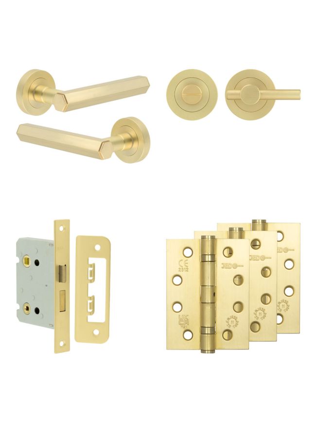 Complete Hex Door Handle Pack - Bathroom Lock (Plain Thumb Turn) - Satin Brass - 76mm / 4-inch Hinges - JE-C6A2-SB
