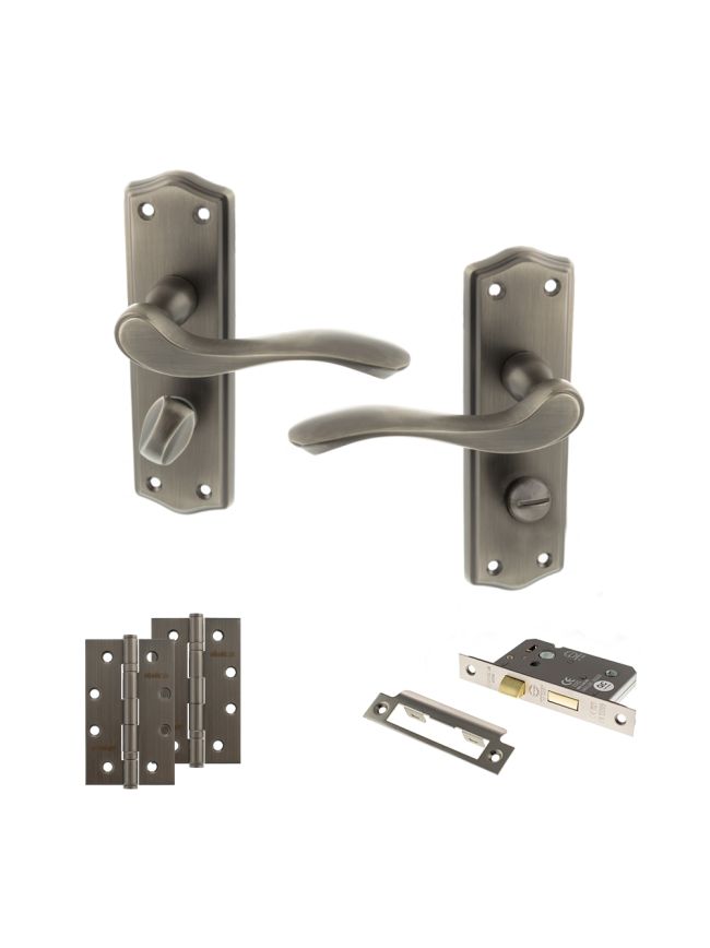 Old English Warwick Door Handle Pack (Bathroom Set - 3" CE Bathroom Lock, 4" Slim Knuckle Hinges x2) - Matt Gun Metal