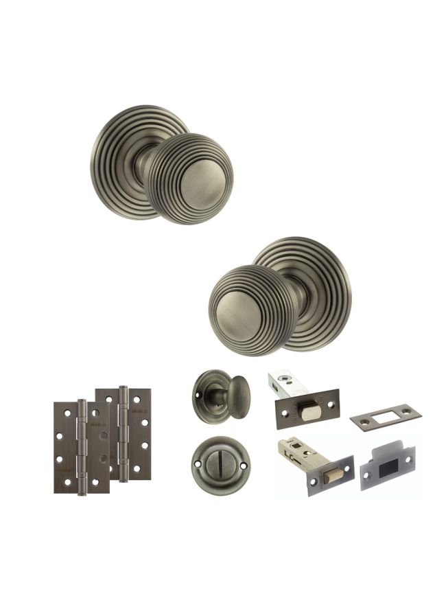 Old English Ripon Door Knob Pack (Bathroom Set - 4" Deadbolt, 4" Slim Knuckle Hinges x2) - Matt Gun Metal