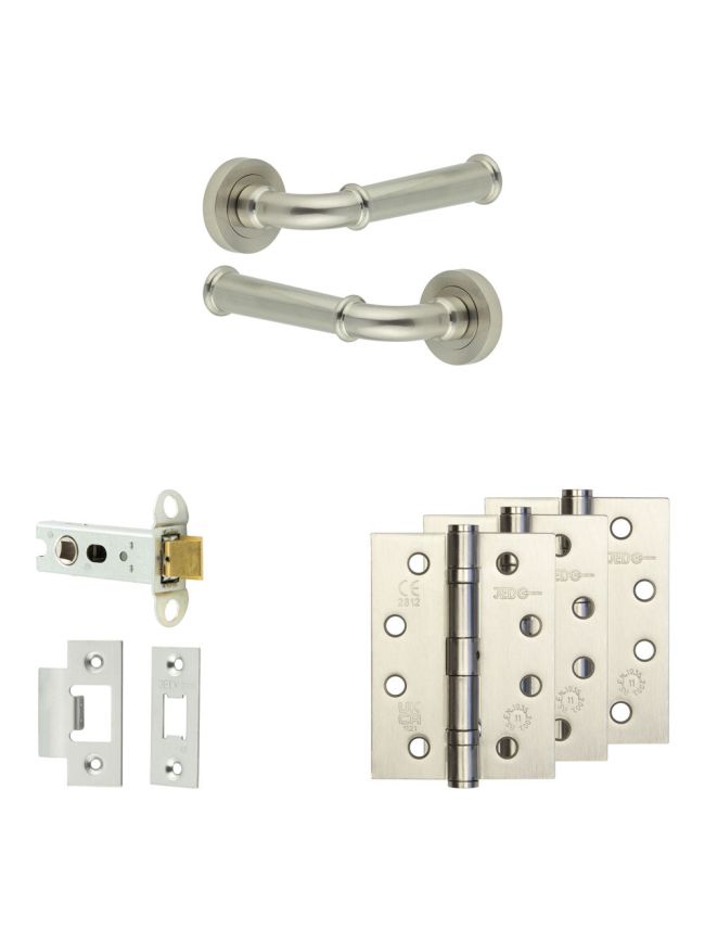 Complete Classic Door Handle Pack - Heavy Duty Latch - Satin Nickel - 76mm / 4-inch Hinges - JE-A21A-SN