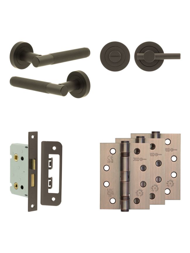 Complete Venice Door Handle Pack - Bathroom Lock (Plain Thumb Turn) - Dark Bronze - 65mm / 4-inch Hinges - JE-F5A2-DB