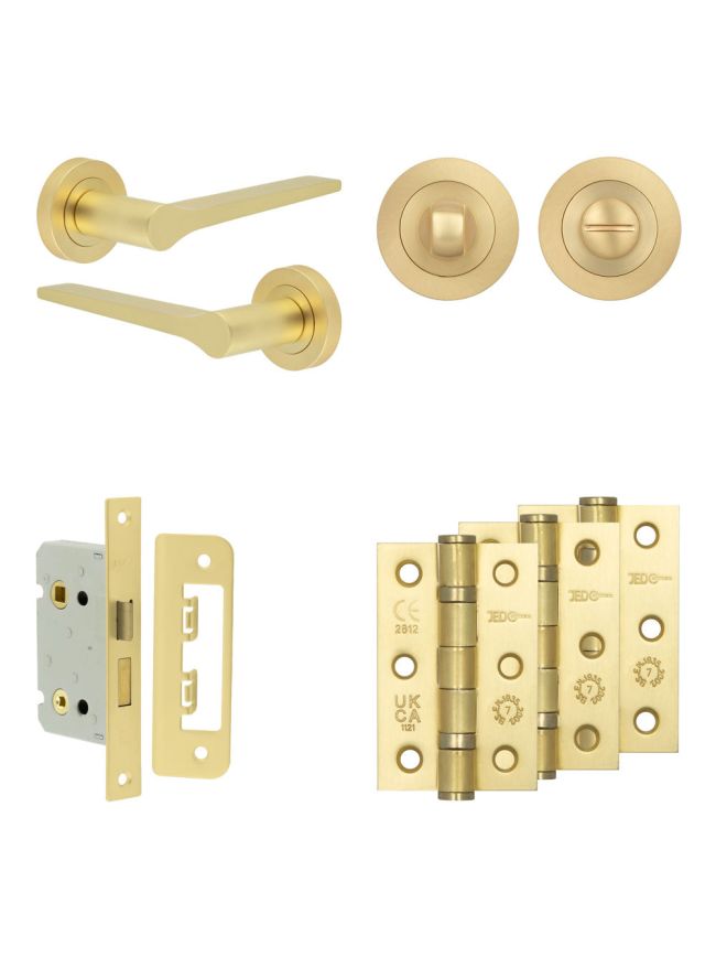 Complete Gio Door Handle Pack - Bathroom Lock (Standard Thumb Turn) - Satin Brass - 65mm / 3-inch Hinges - JE-E5B3-SB
