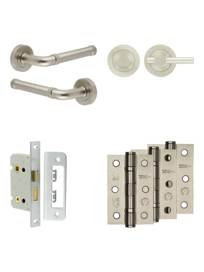 Complete Midtown Door Handle Pack - Bathroom Lock (Plain Thumb Turn) - Satin Nickel - 65mm / 3-inch Hinges - JE-G5B2-SN