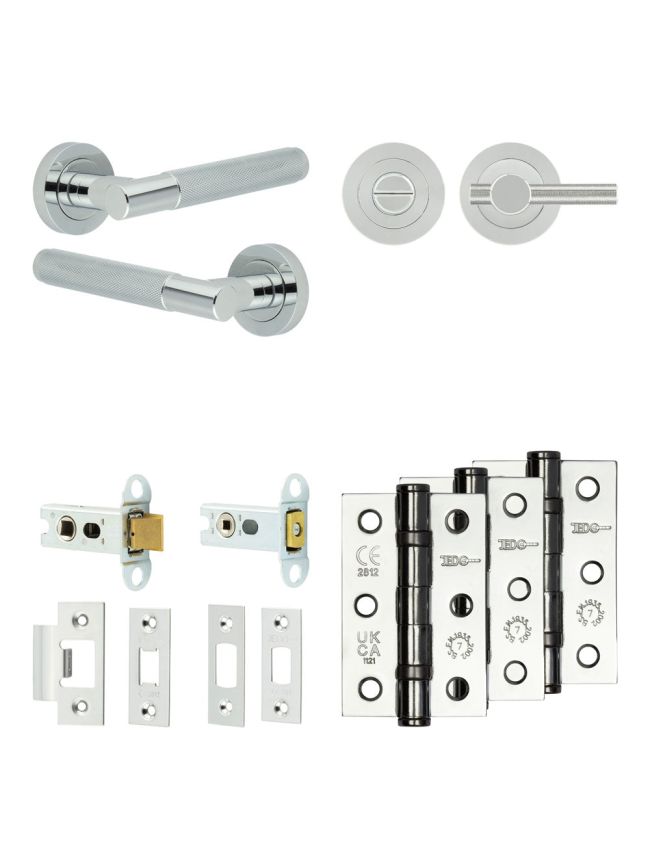 Complete Bari Door Handle Pack - Heavy Duty Tubular Bathroom (Knurled Thumb Turn) - Polished Chrome - 64mm / 3-inch Hinges - JE-D30B1-PC