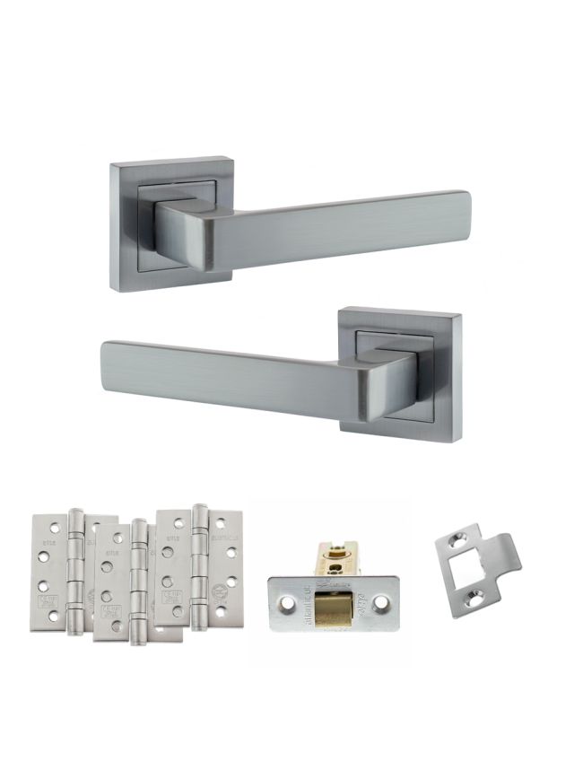 STATUS Montana Door Handle Pack (Latch Set - 2.5" CE Latch, 4" Fire Rated Hinges x3) - Satin Chrome