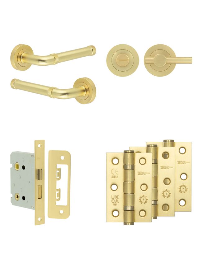 Complete Midtown Door Handle Pack - Bathroom Lock (Plain Thumb Turn) - Satin Brass - 76mm / 3-inch Hinges - JE-G6B2-SB