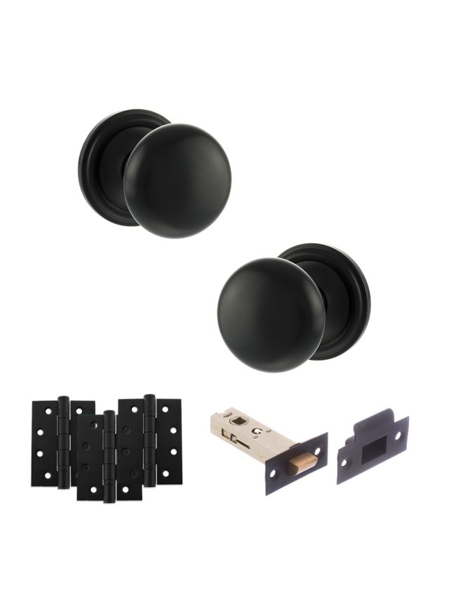 Old English Harrogate Door Knob Pack (Latch Set - 4" HD Latch, 4" Fire Rated Hinges x3) - Matt Black