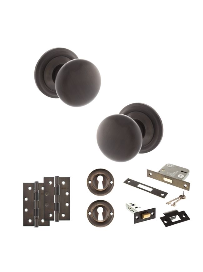 Old English Harrogate Door Knob Pack (Lock Set - 3" Latch & Deadlock, 4" Slim Knuckle Hinges x2) - Urban Dark Bronze