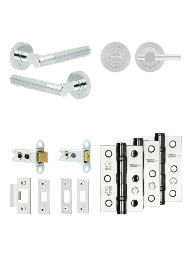Complete Venice Door Handle Pack - Heavy Duty Tubular Bathroom (Plain Thumb Turn) - Polished Chrome - 64mm / 3-inch Hinges - JE-F30B2-PC