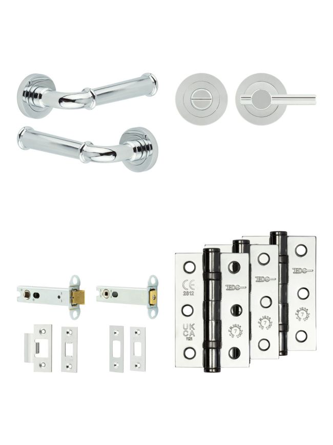 Complete Classic Door Handle Pack - Heavy Duty Tubular Bathroom (Plain Thumb Turn) - Polished Chrome - 102mm / 3-inch Hinges - JE-A32B2-PC