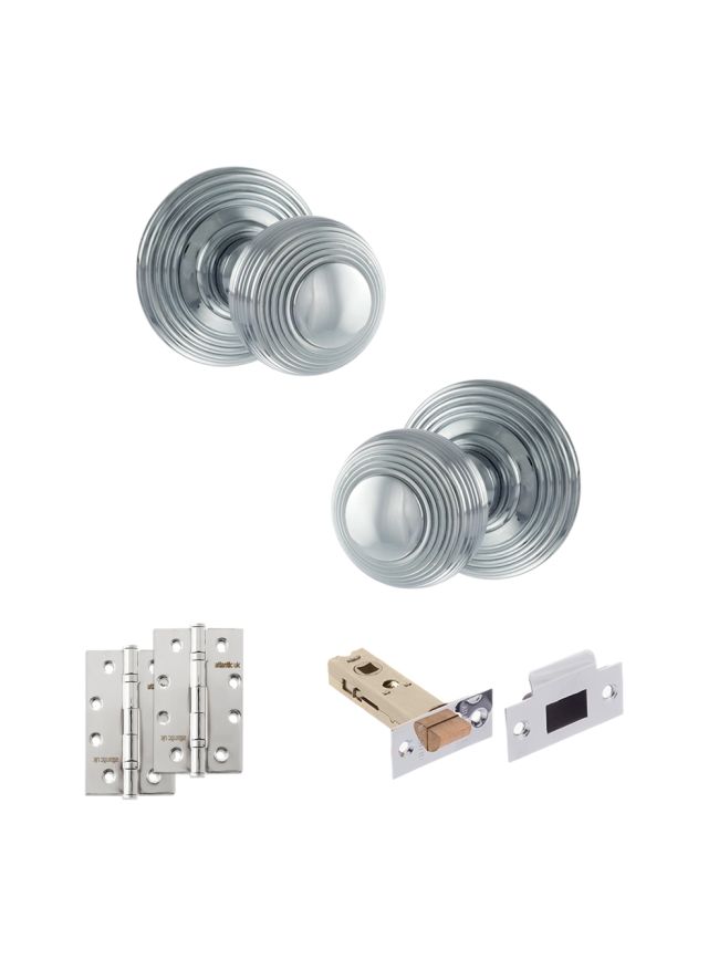 Old English Ripon Door Knob Pack (Latch Set - 4" HD Latch, 4" Slim Knuckle Hinges x2) - Polished Chrome