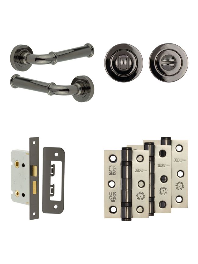 Complete Classic Door Handle Pack - Bathroom Lock (Standard Thumb Turn) - Black Nickel - 65mm / 3-inch Hinges - JE-A5B3-BN