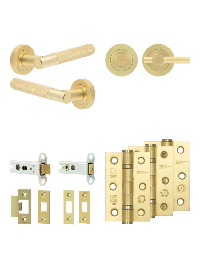 Complete Bari Door Handle Pack - Heavy Duty Tubular Bathroom (Knurled Thumb Turn) - Satin Brass - 76mm / 3-inch Hinges - JE-D31B1-SB