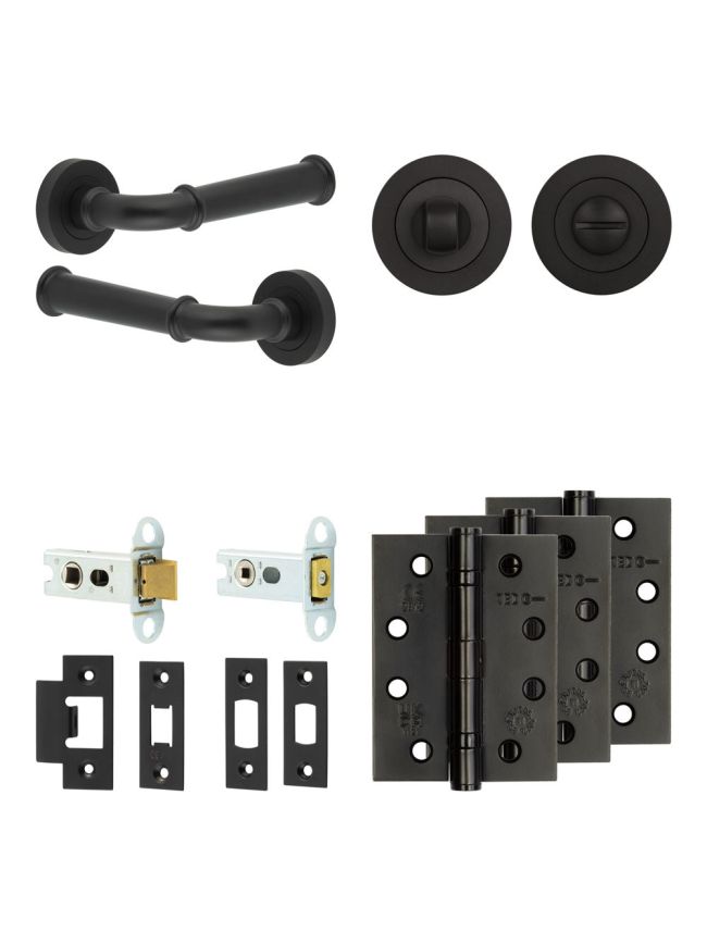 Complete Classic Door Handle Pack - Heavy Duty Tubular Bathroom (Standard Thumb Turn) - Matt Black - 64mm / 4-inch Hinges - JE-A30A3-MB