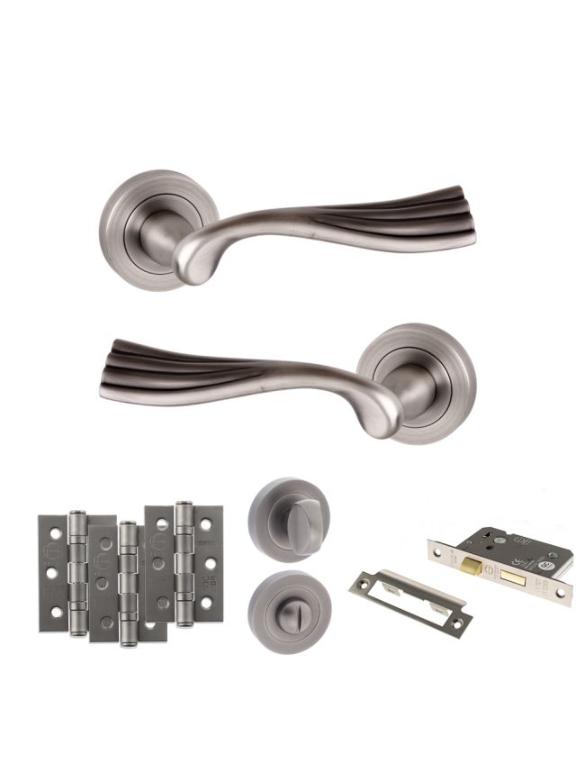 Old English Richmond Door Handle Pack (Bathroom Set - 2.5" CE Bathroom Lock, 3" Fire Rated Hinges x3) - Matt Gun Metal