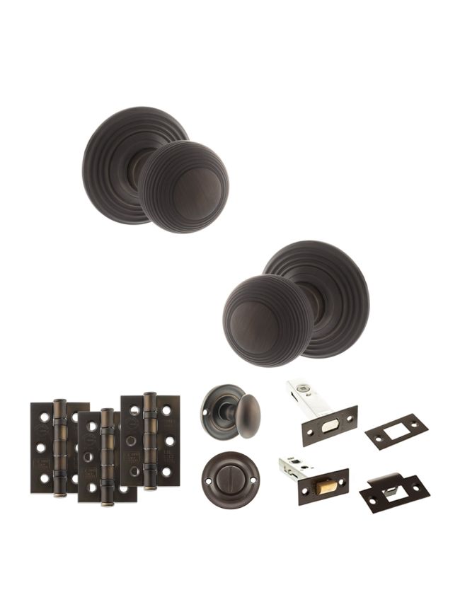 Old English Ripon Door Knob Pack (Bathroom Set - 3" Deadbolt, 3" Fire Rated Hinges x3) - Urban Dark Bronze
