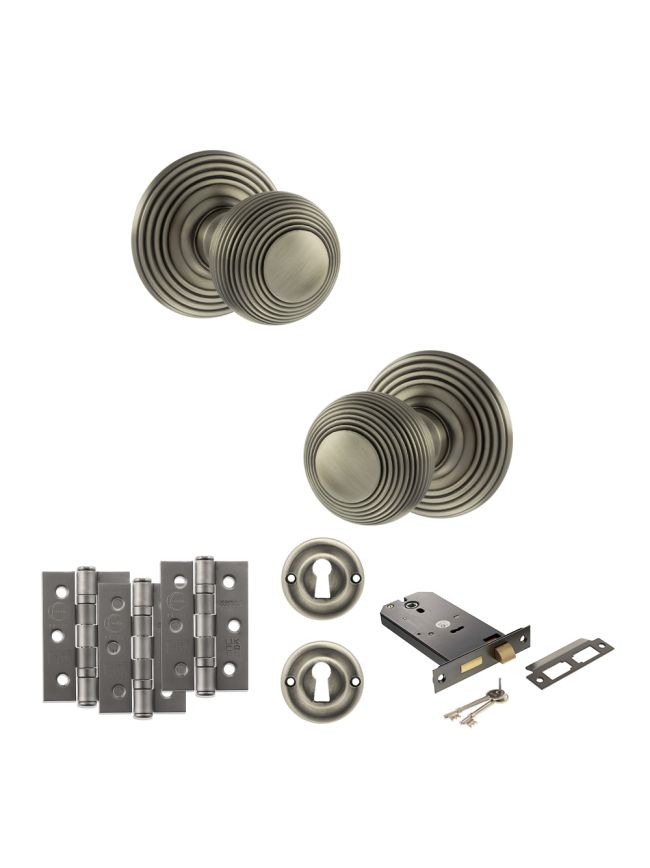 Old English Ripon Door Knob Pack (Lock Set - Horizontal Sashlock, 3" Fire Rated Hinges x3) - Matt Gun Metal