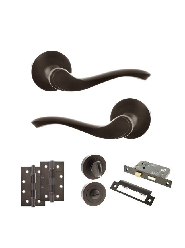 Old English Warwick Door Handle Pack (Bathroom Set - 2.5" CE Bathroom Lock, 4" Slim Knuckle Hinges x2) - Urban Dark Bronze