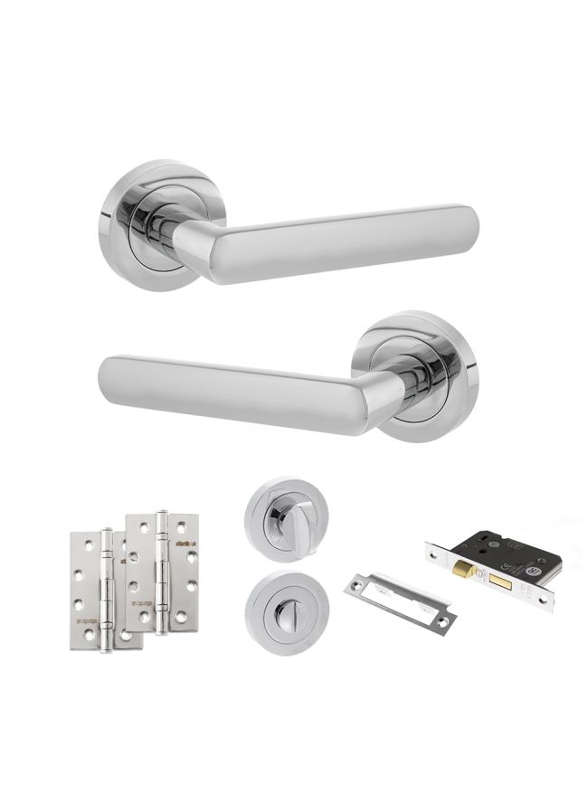 STATUS Carolina Door Handle Pack (Bathroom Set - 3" CE Bathroom Lock, 4" Slim Knuckle Hinges x2) - Polished Chrome