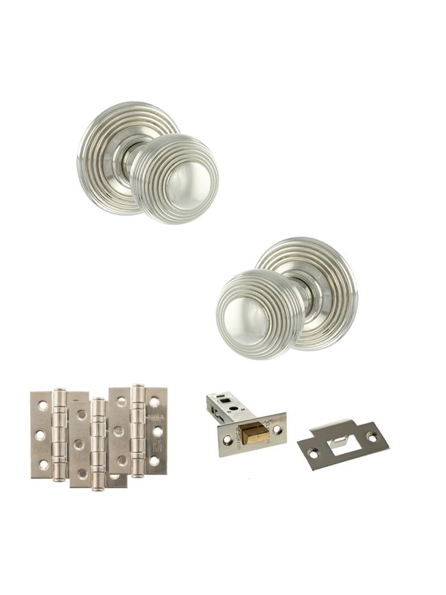 Old English Ripon Door Knob Pack (Latch Set - 4" HD Latch, 3" Fire Rated Hinges x3) - Polished Nickel