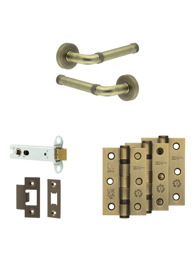 Complete Midtown Door Handle Pack - Heavy Duty Latch - Antique Brass - 102mm / 3-inch Hinges - JE-G22B-AB