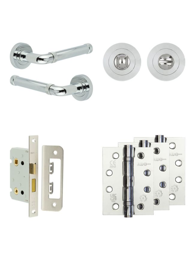 Complete Midtown Door Handle Pack - Bathroom Lock (Standard Thumb Turn) - Polished Chrome - 65mm / 4-inch Hinges - JE-G5A3-PC