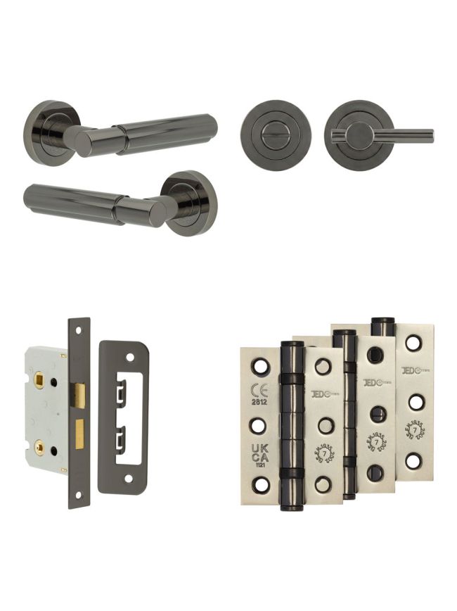 Complete Bloom Door Handle Pack - Bathroom Lock (Plain Thumb Turn) - Black Nickel - 65mm / 3-inch Hinges - JE-B5B2-BN
