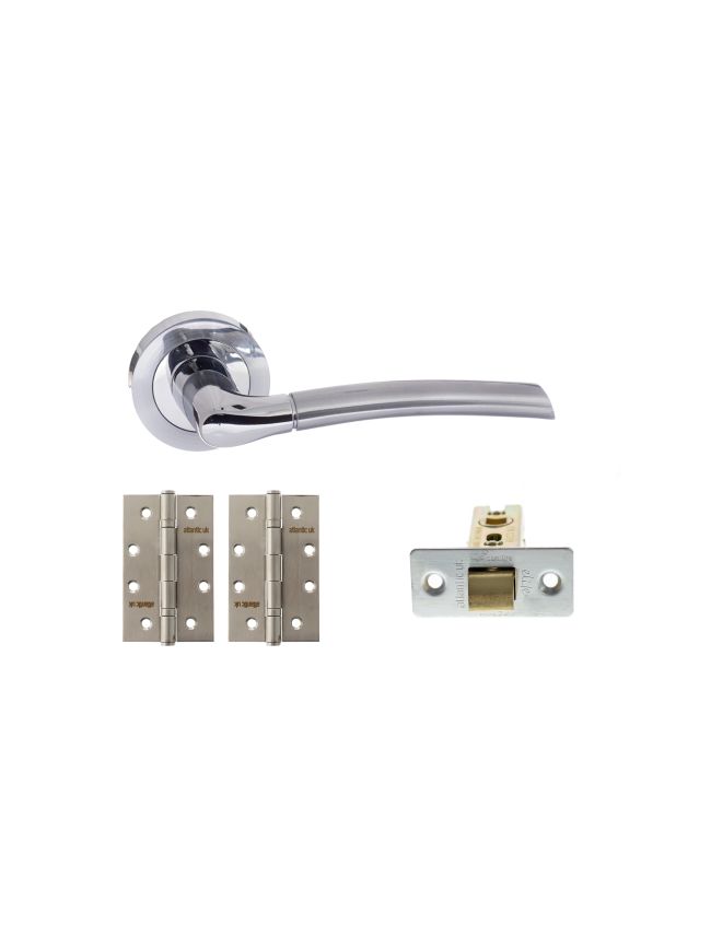 STATUS Indiana Door Handle Pack (Latch Set - 3" CE Latch, 4" Slim Knuckle Hinges x2) - Satin Chrome/Polished Chrome