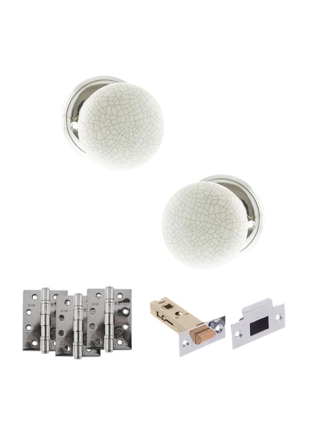 Old English Skipton Door Knob Pack (Latch Set - 4" HD Latch, 4" Fire Rated Hinges x3) - Polished Chrome