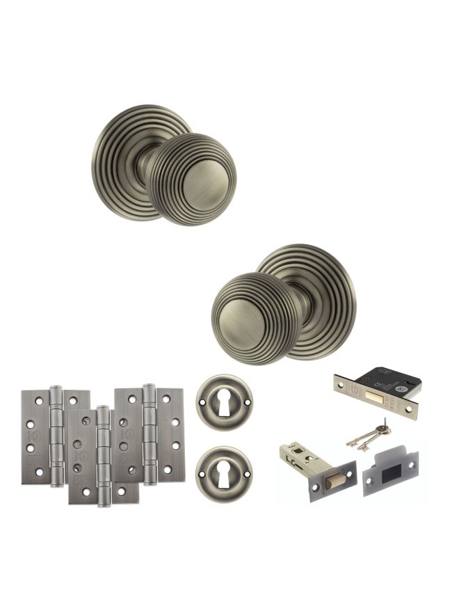 Old English Ripon Door Knob Pack (Lock Set - 3" Latch & Deadlock, 4" Fire Rated Hinges x3) - Matt Gun Metal