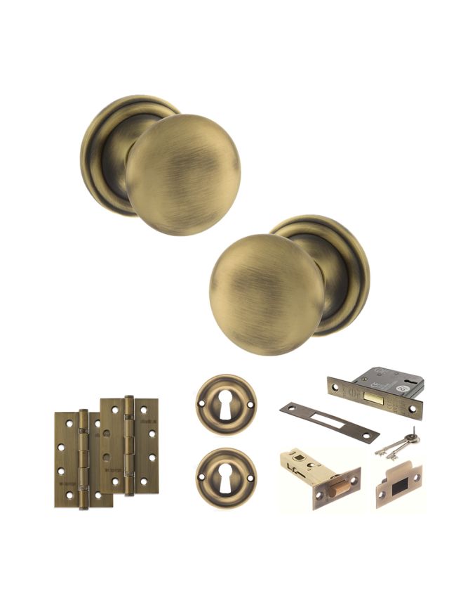 Old English Harrogate Door Knob Pack (Lock Set - 3" Latch & Deadlock, 4" Slim Knuckle Hinges x2) - Matt Antique Brass