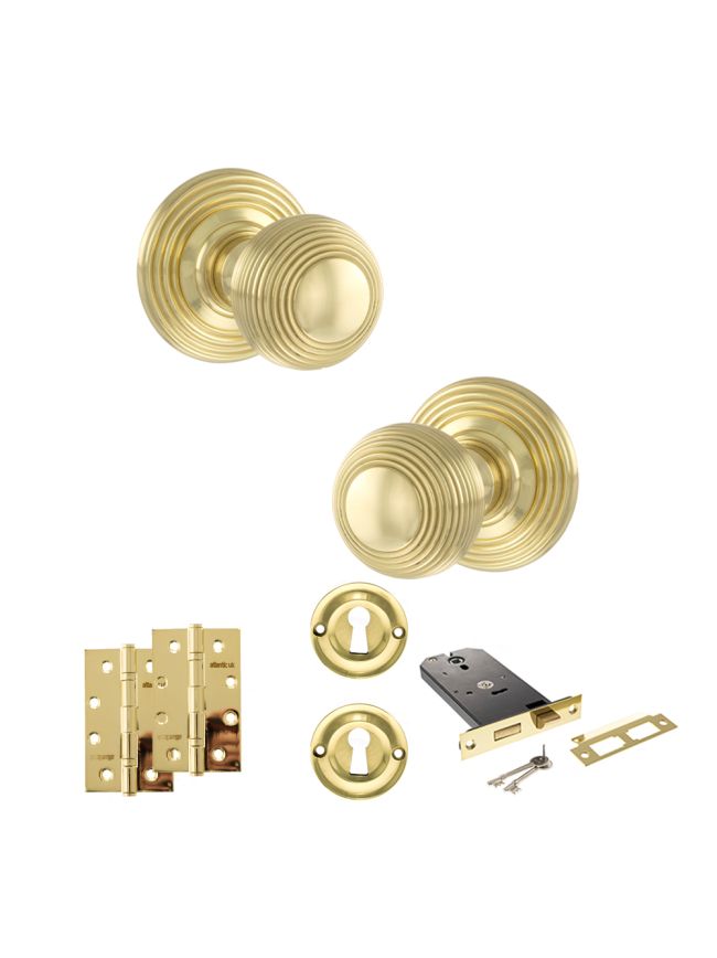 Old English Ripon Door Knob Pack (Lock Set - Horizontal Sashlock, 4" Slim Knuckle Hinges x2) - Polished Brass