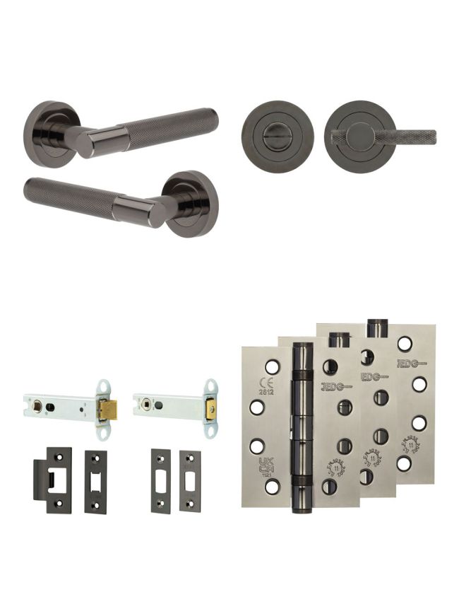 Complete Bari Door Handle Pack - Heavy Duty Tubular Bathroom (Knurled Thumb Turn) - Black Nickel - 102mm / 4-inch Hinges - JE-D32A1-BN