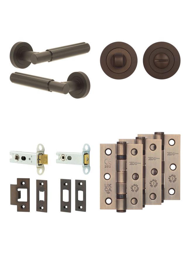 Complete Bloom Door Handle Pack - Heavy Duty Tubular Bathroom (Standard Thumb Turn) - Dark Bronze - 76mm / 3-inch Hinges - JE-B31B3-DB