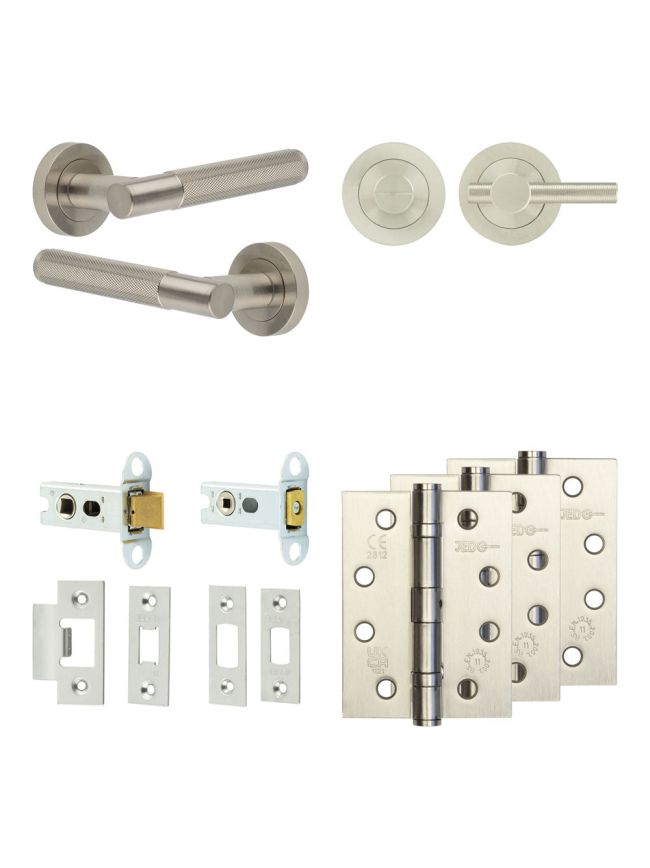 Complete Bari Door Handle Pack - Heavy Duty Tubular Bathroom (Knurled Thumb Turn) - Satin Nickel - 64mm / 4-inch Hinges - JE-D30A1-SN