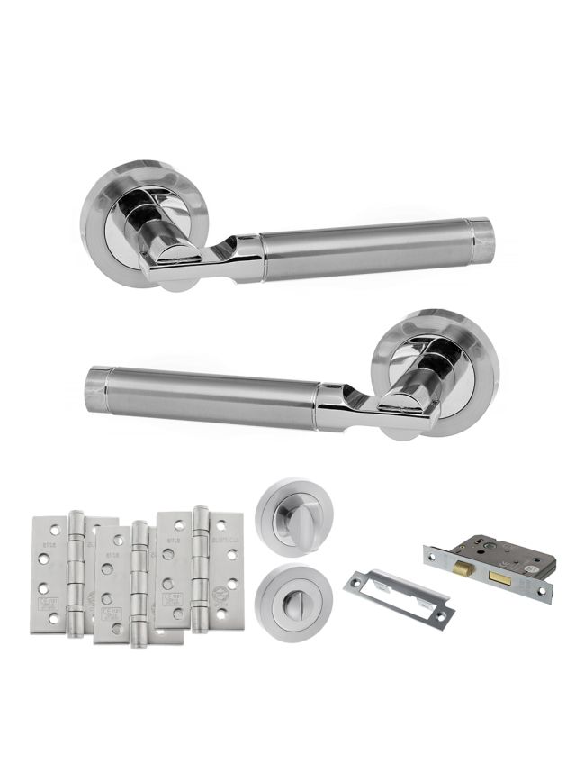 STATUS Dakota Door Handle Pack (Bathroom Set - 3" CE Bathroom Lock, 4" Fire Rated Hinges x3) - Satin Chrome/Polished Chrome