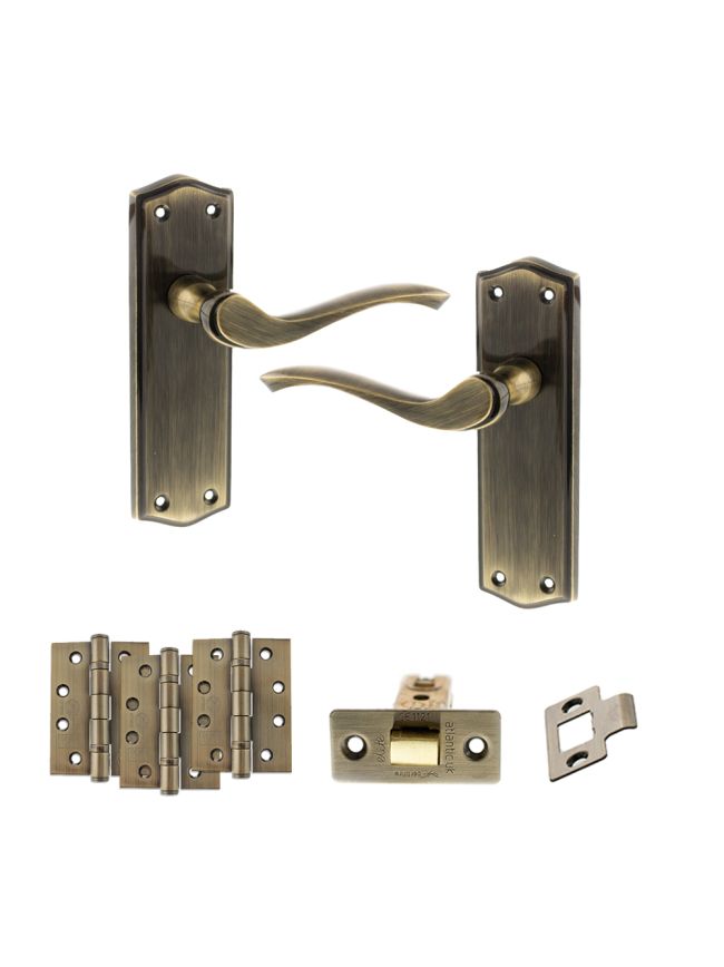 Old English Warwick Door Handle Pack (Latch Set - 3" CE Latch, 4" Fire Rated Hinges x3) - Antique Brass
