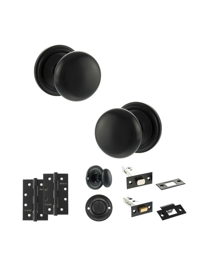Old English Harrogate Door Knob Pack (Bathroom Set - 4" Deadbolt, 4" Slim Knuckle Hinges x2) - Matt Black