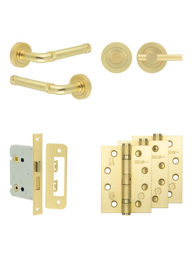 Complete Midtown Door Handle Pack - Bathroom Lock (Knurled Thumb Turn) - Satin Brass - 76mm / 4-inch Hinges - JE-G6A1-SB