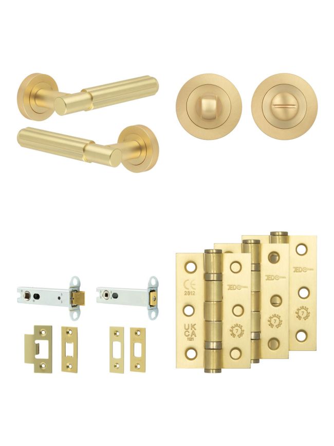 Complete Bloom Door Handle Pack - Heavy Duty Tubular Bathroom (Standard Thumb Turn) - Satin Brass - 102mm / 3-inch Hinges - JE-B32B3-SB