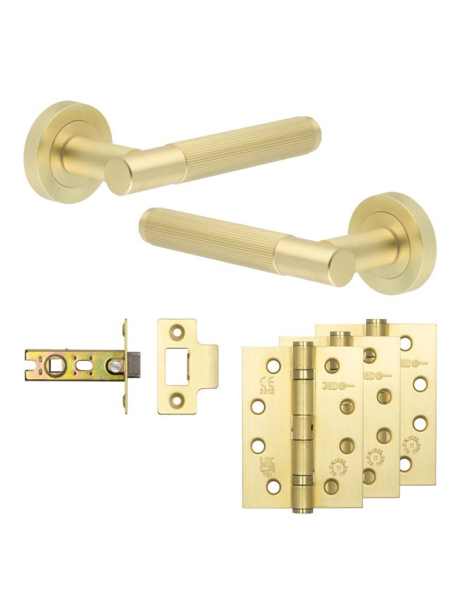 Complete Venice Door Handle Pack - Internal Doors - Satin Brass - 64mm / 4-inch Hinges - JE-F1A-SB