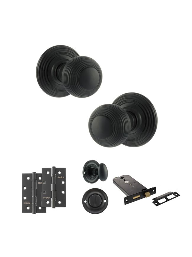 Old English Ripon Door Knob Pack (Lock Set - Horizontal Bathlock, 4" Slim Knuckle Hinges x2) - Matt Black