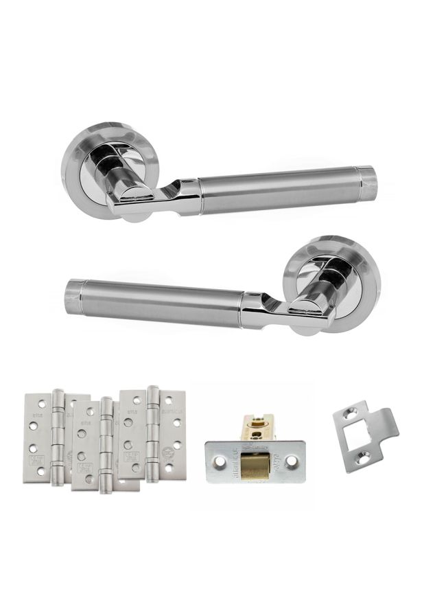 STATUS Dakota Door Handle Pack (Latch Set - 3" CE Latch, 4" Fire Rated Hinges x3) - Satin Chrome/Polished Chrome